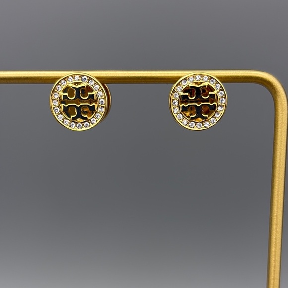 Tory Burch Gold Tone, Emerald Green Enamel and Crystal Double sided hoops - Picture 3 of 5